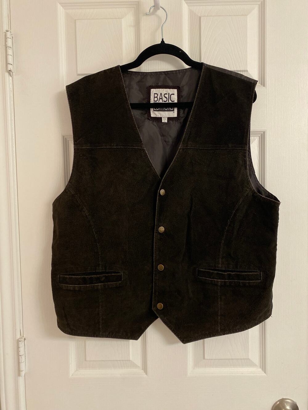 Vintage 90s Basic Editions Genuine Suede Leather Vest Black Snap Front Large
